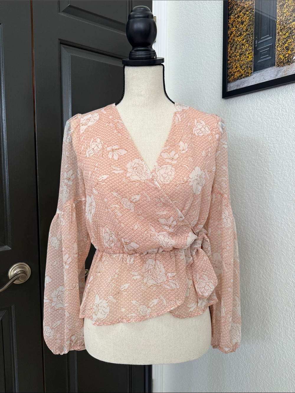 Express Peach and White Floral Wrap Blouse